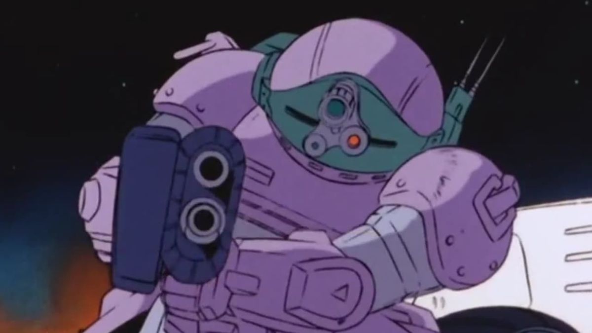 Une unité VOTOMS violette visant une arme à feu dans Armored Trooper VOTOMS.