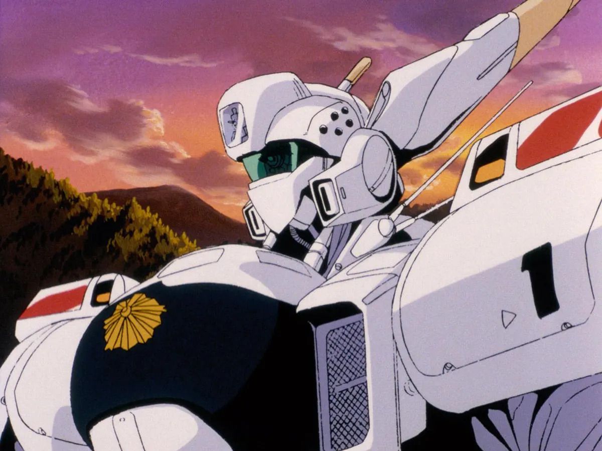 Un gros plan du torse et de la tête d'un robot Police Patlabor dans Mobile Police Patlabor.