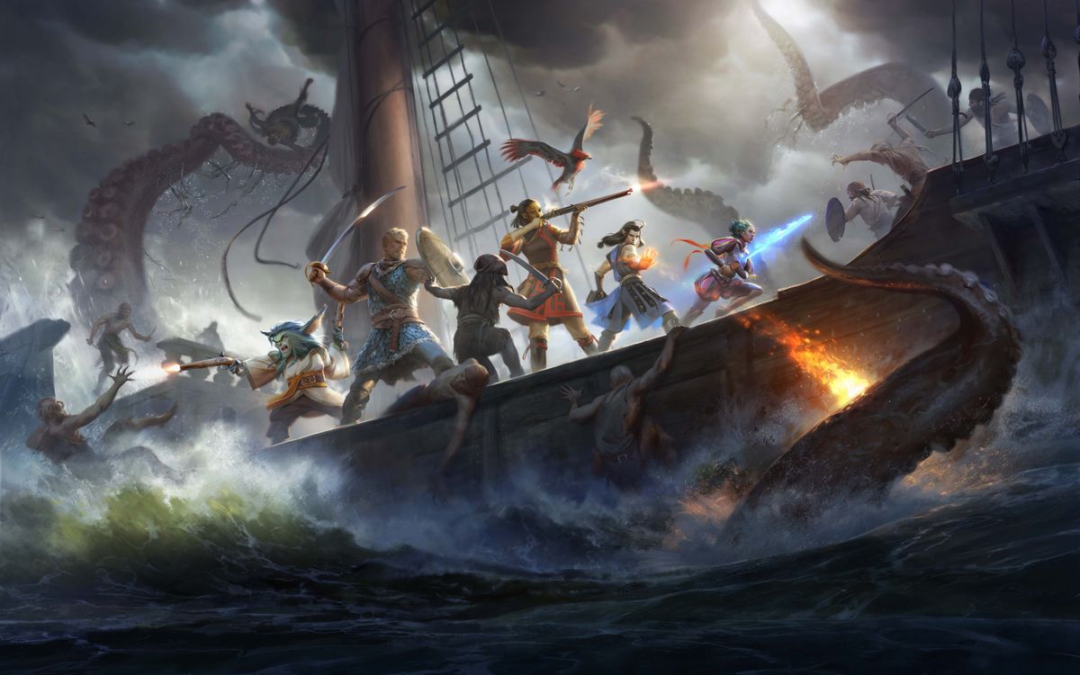 Illustration clé de Pillars of Eternity 2, représentant un groupe de héros fantastiques sur un bateau combattant un kraken.