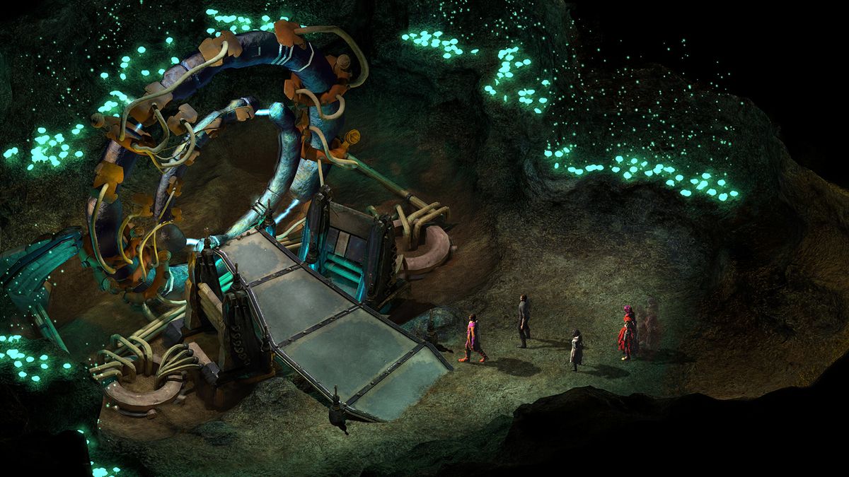 Tourment : capture d'écran de Tides of Numenera avec des membres du groupe debout devant un portail lumineux de type porte des étoiles