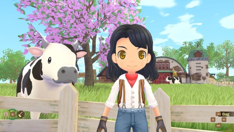 Story of Seasons: A Wonderful Life - a player stands in front of a while fenced cow pasture where a spotted cow stands in front of a barn