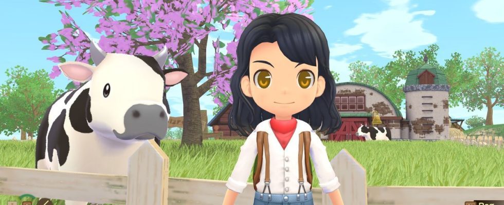 Story of Seasons: A Wonderful Life - a player stands in front of a while fenced cow pasture where a spotted cow stands in front of a barn