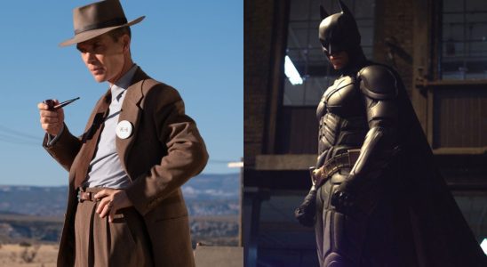 Cillian Murphy stands in the desert in Oppenheimer and Christian Bale standing in his Batman costume for The Dark Knight, pictured side by side.