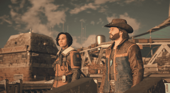 A romance scene between the player character and Sam Coe, a space cowboy, in Starfield.