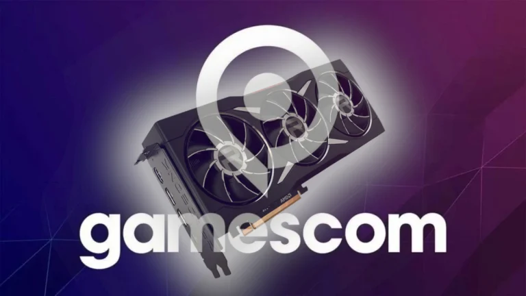 The Gamescom logo with a faded AMD Radeon graphics card in front.