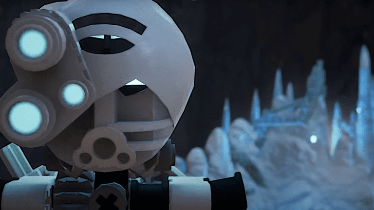 An image of a Bionicle staring into the camera within an icy cavern.