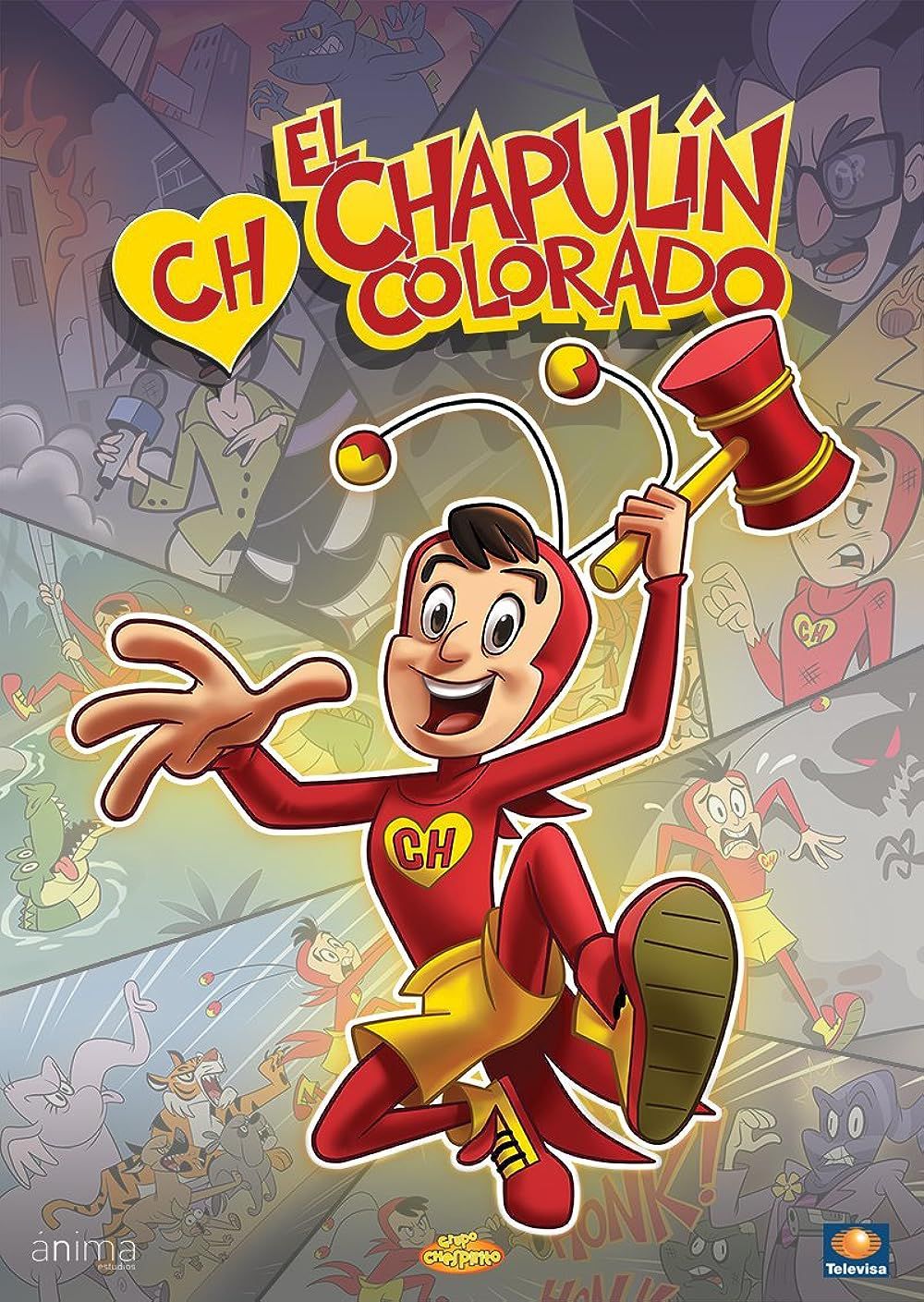 Une image d'affiche de la série télévisée d'animation El Chapulín Colorado de 2015, avec le personnage principal, un homme souriant vêtu d'un body rouge avec 