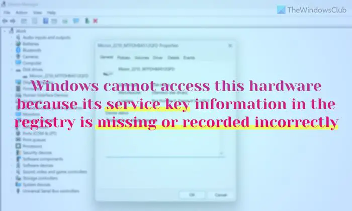 Code 40, Windows ne peut pas accéder à ce matériel car ses informations de clé de service dans le registre sont manquantes ou enregistrées de manière incorrecte