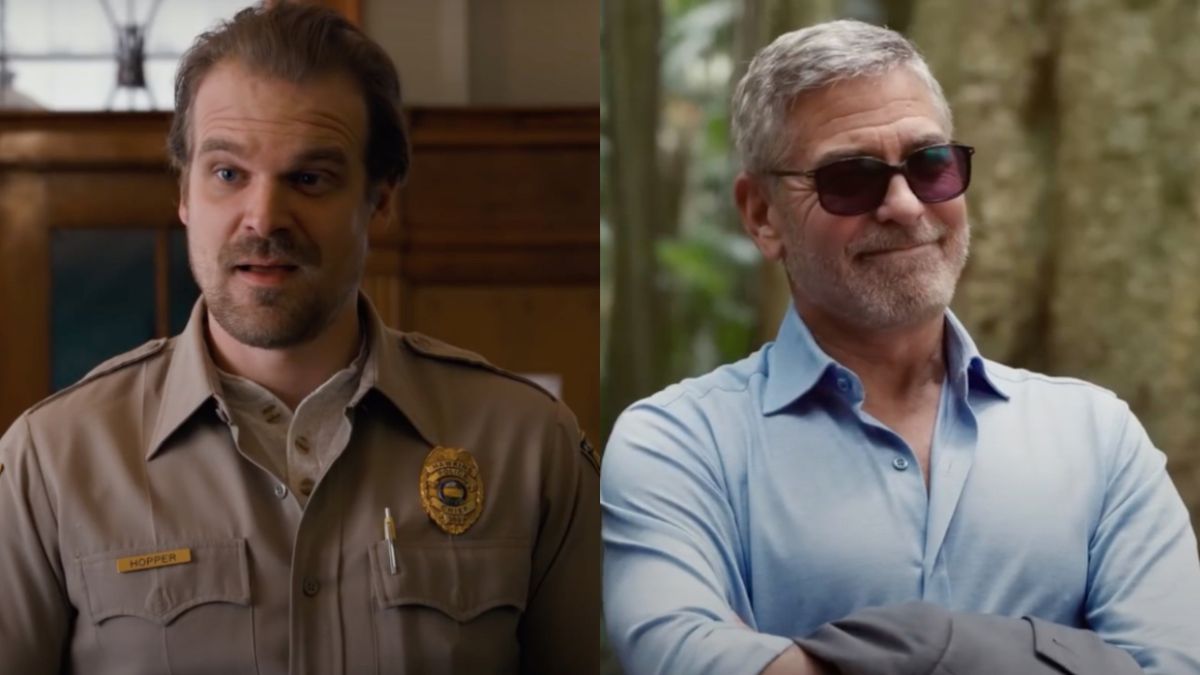 David Harbour as Hopper in Stranger Things and George Clooney in Ticket to Paradise (side by side)