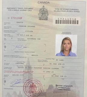 Documents de voyage d'urgence de Jasmin Hartins.  FOURNI AU TORONTO SUN