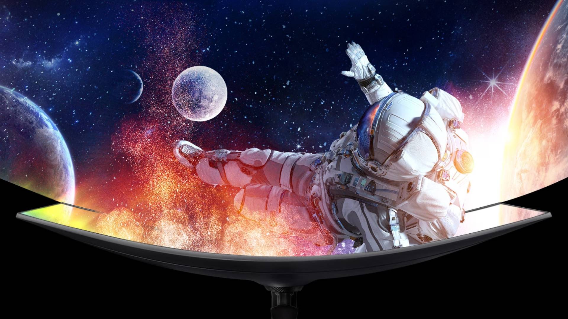 Illustration du moniteur incurvé Samsung Odyssey avec un astronaute flottant hors de l'écran