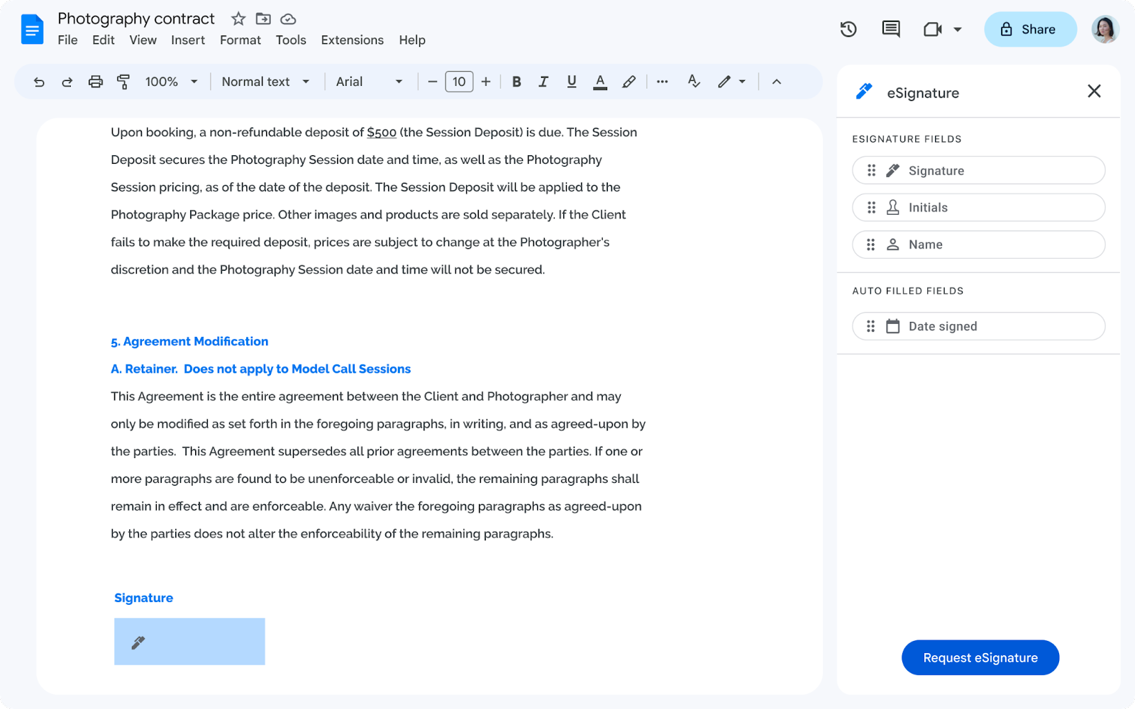 Google Doc avec le champ eSignature au bas du document.