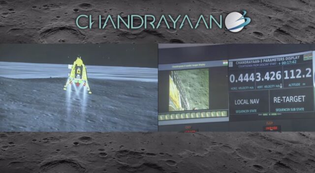 Ce graphique affiché sur la diffusion Web officielle en direct de l'atterrissage de Chandrayaan 3 montre une illustration du vaisseau spatial à gauche et des données d'altitude et de taux de descente à droite. 