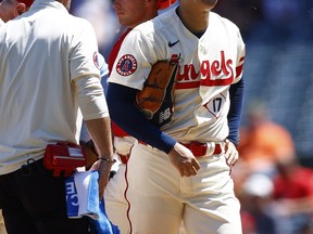 Shohei Ohtani #17 des Angels de Los Angeles quitte le match contre les Reds de Cincinnati en deuxième manche lors du premier match d'un programme double au Angel Stadium d'Anaheim le 23 août 2023 à Anaheim, en Californie.