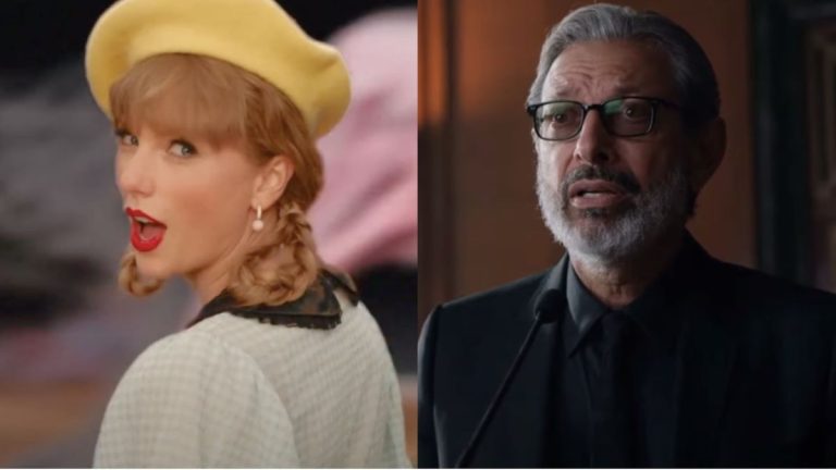 Taylor Swift in Karma Music Video and Jeff Goldblum in Jurassic World Fallen Kingdom (side by side)