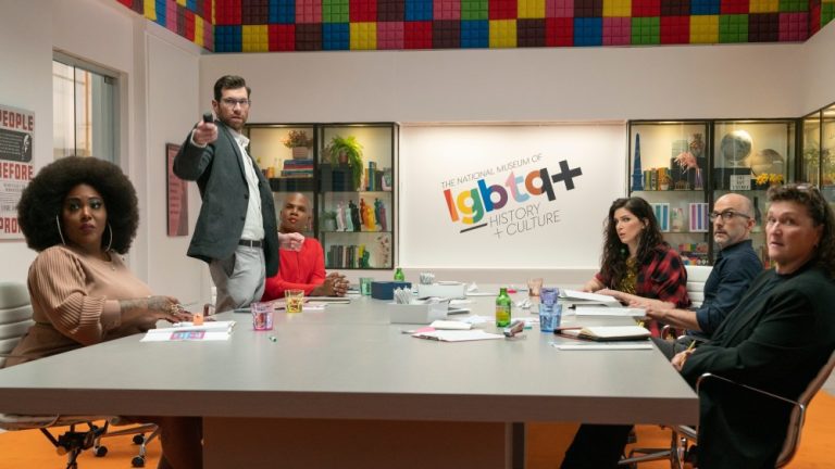 (from left) Angela (Ts Madison), Bobby (Billy Eichner), Wanda (Miss Lawrence), Tamara (Eve Lindley), Robert (Jim Rash) and Cherry (Dot-Marie Jones) in Bros, co-written, produced and directed by Nicholas Stoller.