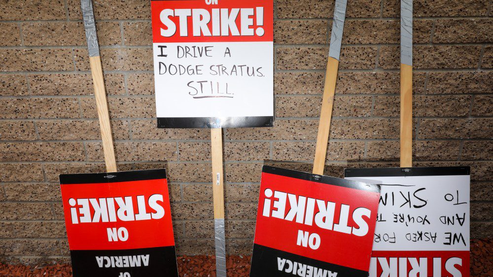 Studio City, CA - May 09: Supporter's signs for the Writer's Guild of America strike, along Colfax Avenue, at Radford Studios Center, in Studio City, CA, Tuesday, May 9, 2023. (Jay L. Clendenin / Los Angeles Times via Getty Images)