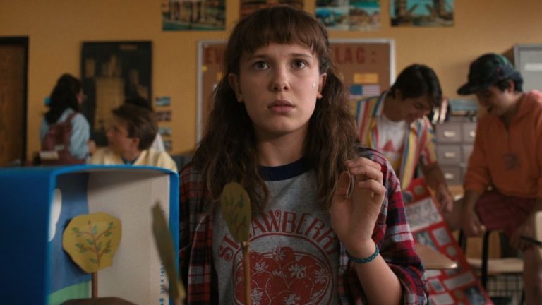 Millie Bobby Brown in a press image from Netflix as Eleven at school during Season 4 of Stranger Things.