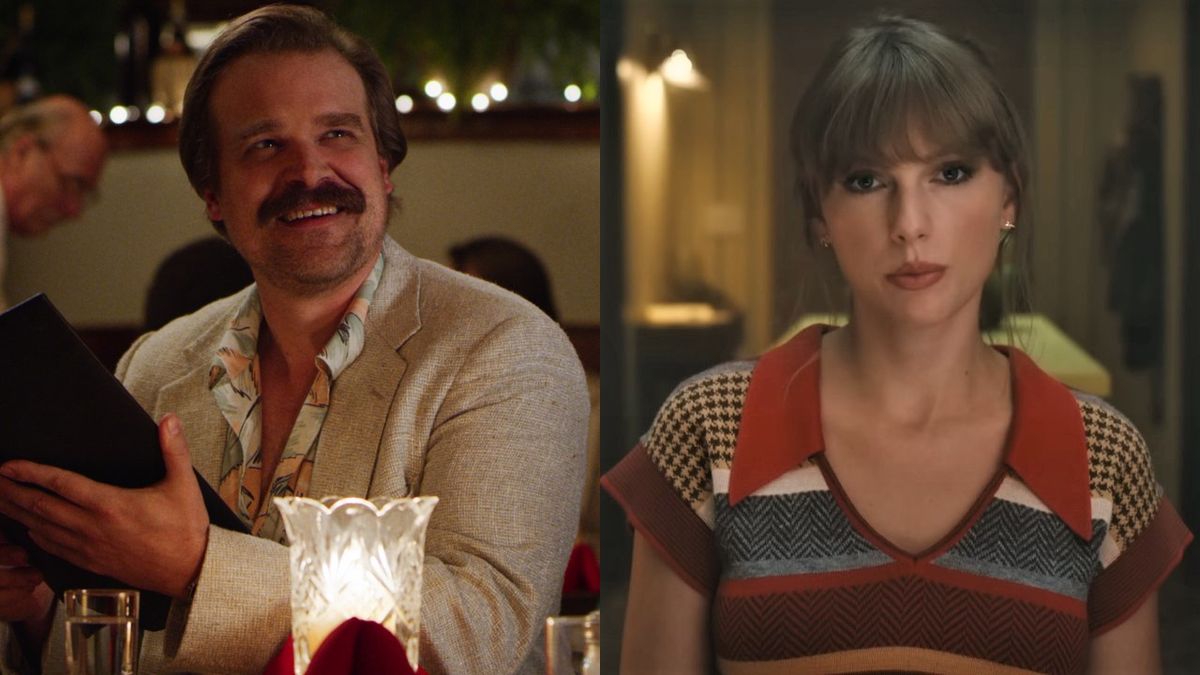 David Harbour in Stranger Things and Taylor Swift in Anti-Hero video.