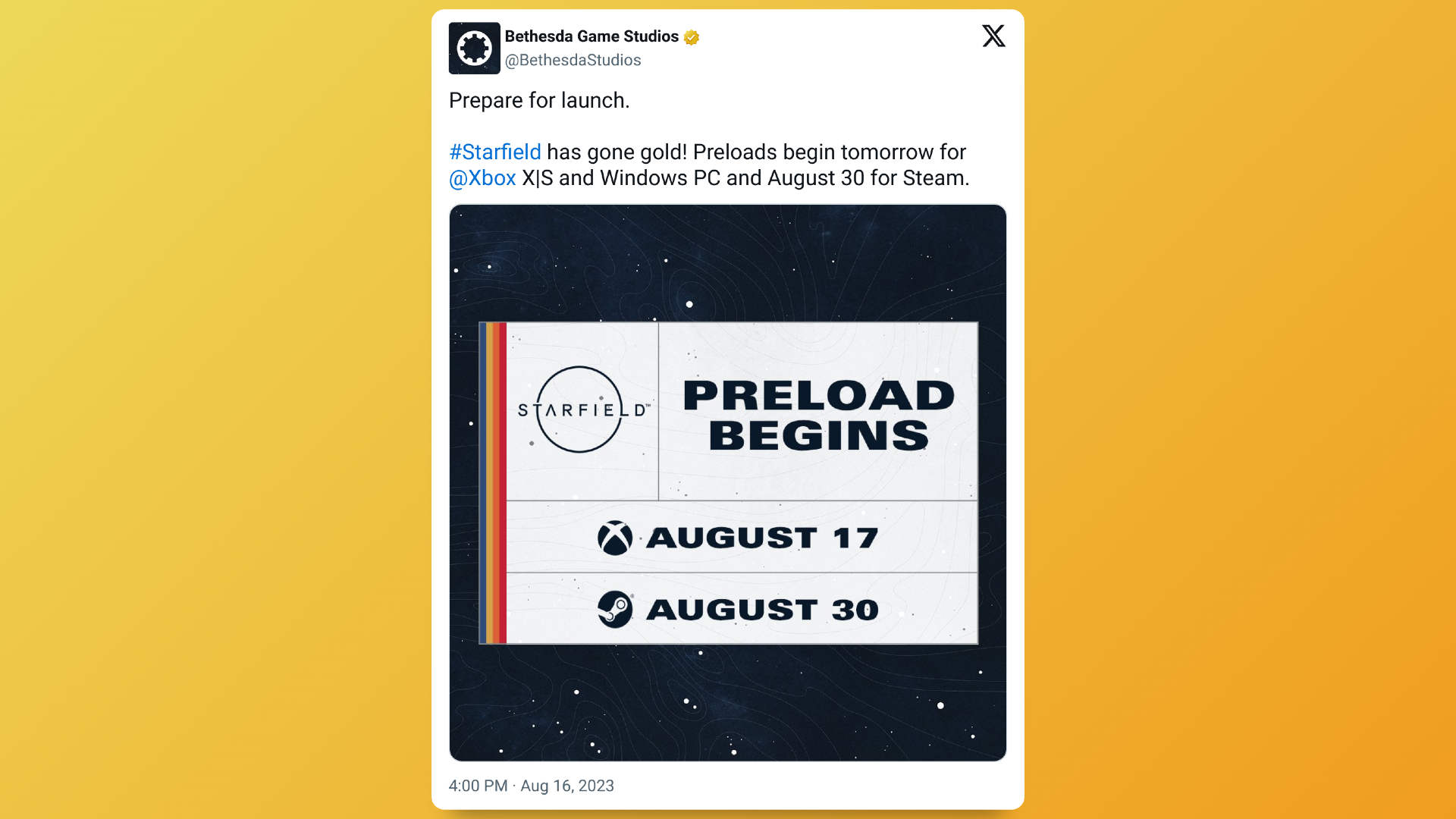 Message de préchargement de Starfield par Bethesda sur Twitter