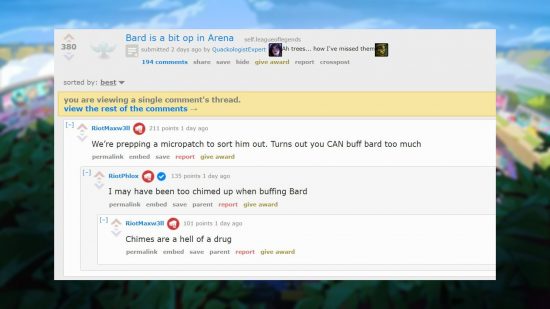 Une conversation entre les développeurs de Riot sur l'état de Bard en mode LoL Arena