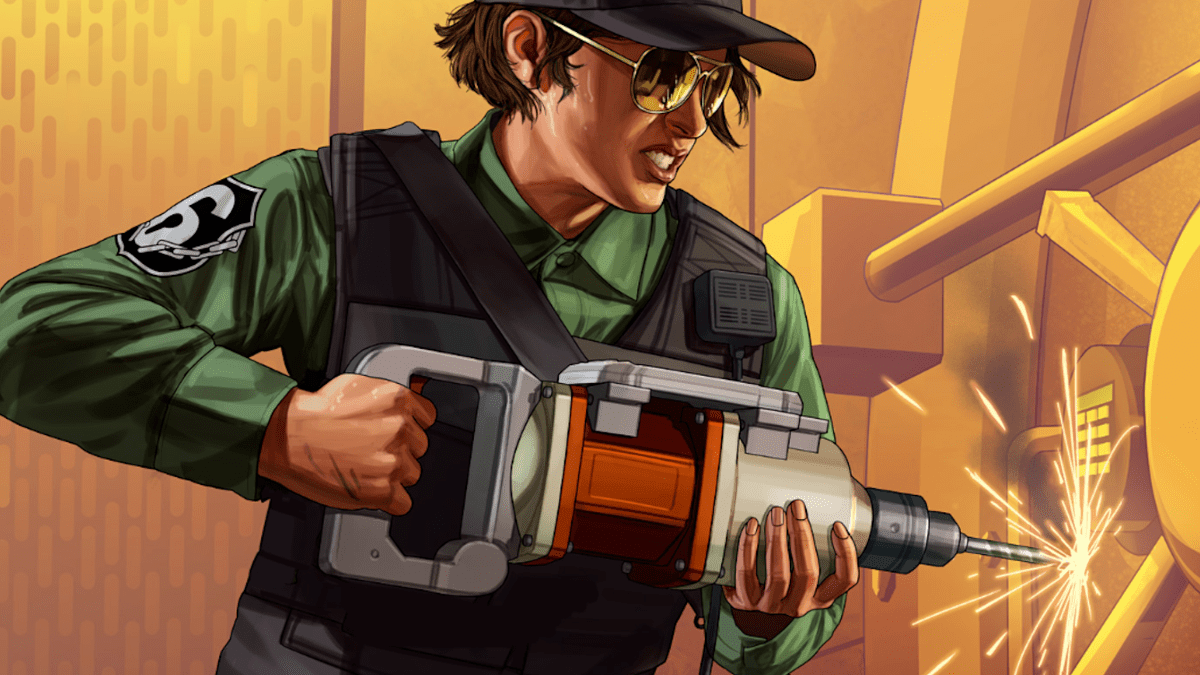 A promotional image for GTA Online, featuring a criminal described as an officer breaking into a bank vault.