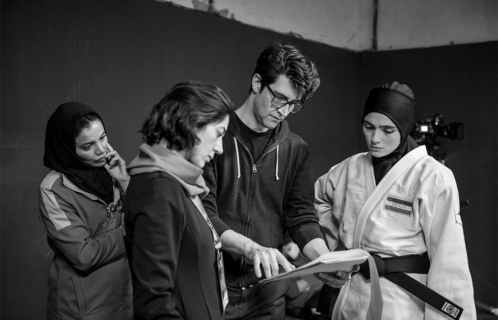 From left Elham Erfani, Ebrahimi, Guy Nattiv and Mandi on the set of Tatami, which shot in secret in Tbilisi, Georgia.