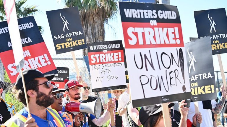 SAG-AFTRA and WGA Members and Supporters walks the picket line in support of the SAG-AFTRA and WGA strike at the Netflix Studios on July 14, 2023 in Los Angeles, California.