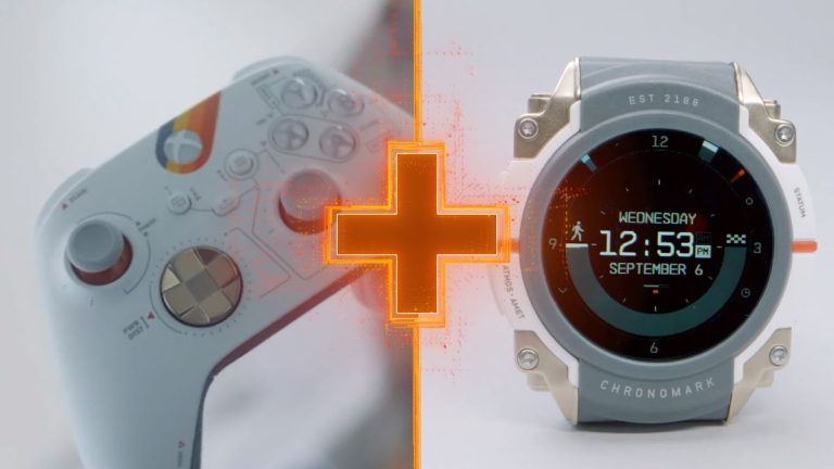 Starfield controller and watch, with a GamesRadar+ cross over the middle