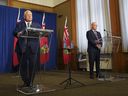 Le premier ministre de l'Ontario, Doug Ford (à gauche), et le ministre des Affaires municipales et du Logement, Steve Clark (à droite), s'adressent aux médias lors d'une conférence de presse à la suite de la publication du rapport spécial du vérificateur général sur les changements apportés à la Ceinture de verdure, à Queens Park, à Toronto. , mercredi 9 août 2023. 