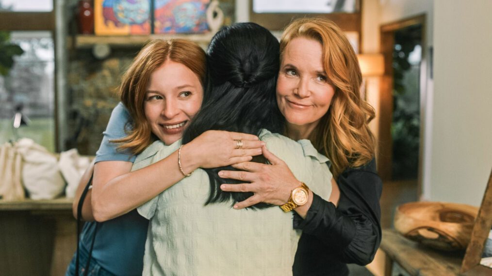 Stacey Farber, Darby Spencer, and Lea Thompson hugging in 