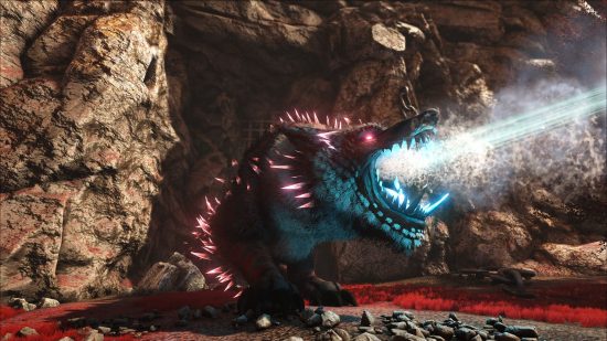 Serveurs Ark : un dinosaure bleu et violet tire un laser lumineux depuis sa bouche