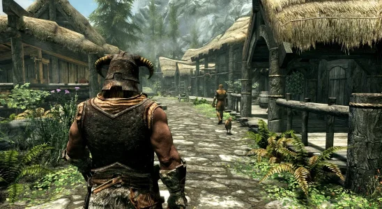 Skyrim: The Dragonborn casually walking through Riverwood.