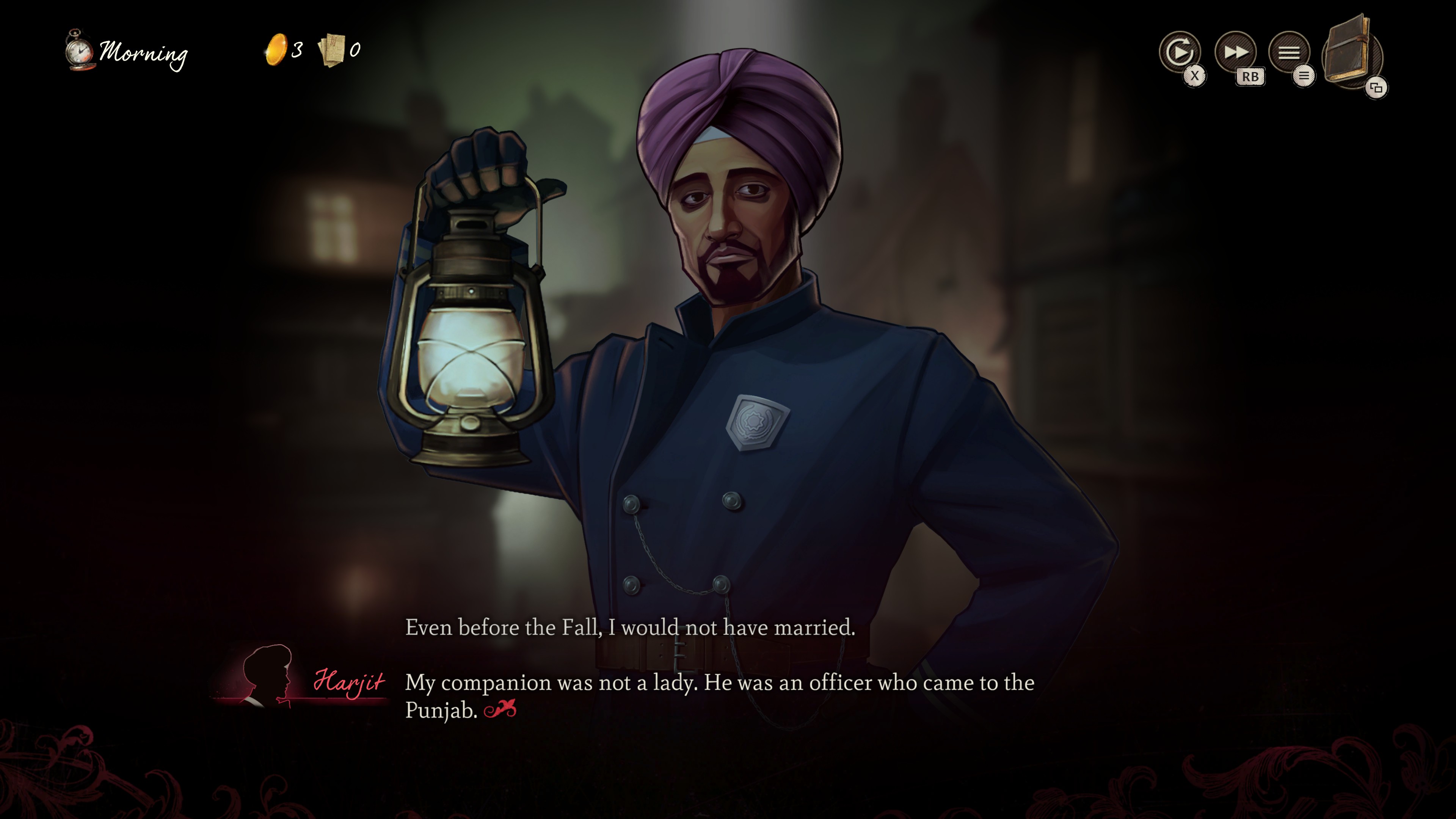 Une conversation avec Harjit, un agent de police indien, dans Mask of the Rose.