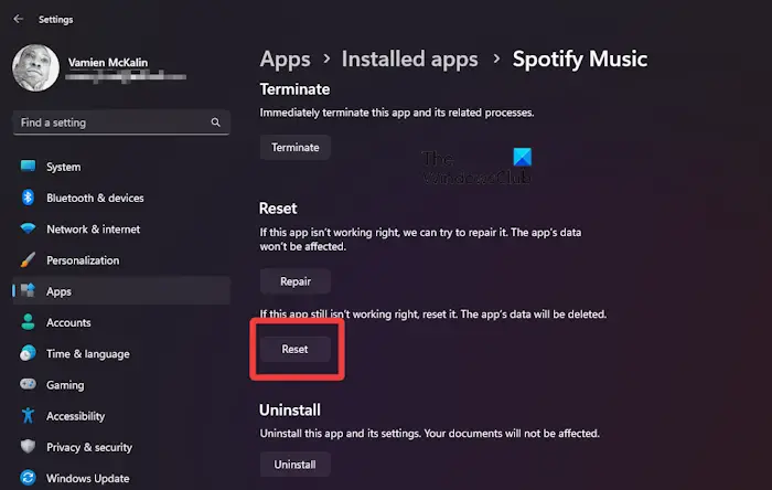 Réinitialiser Spotify Windows