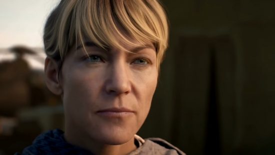 Un gros plan de Kate Laswell dans Modern Warfare 2, interprétée, dans la liste des acteurs de MW3, par Rya Kihlstedt.