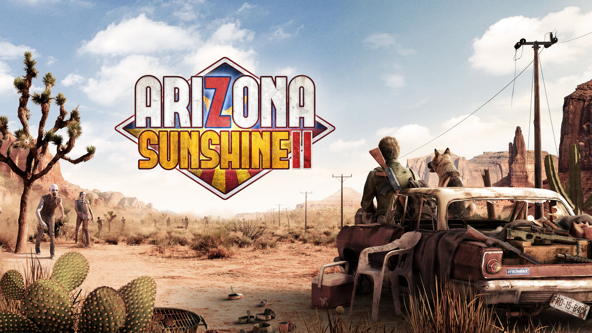 Art clé d'Arizona Sunshine 2 représentant le logo sur une route et une voiture battues et poussiéreuses