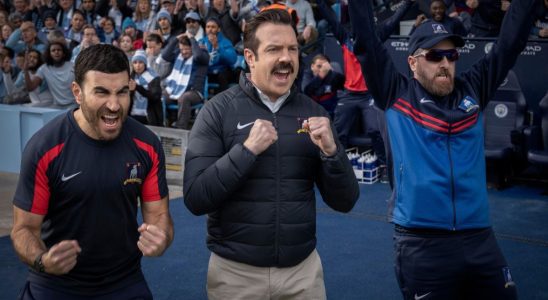 From left to right: Roy Kent, Ted Lasso and Coach Beard all cheering.