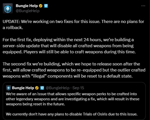 Message de Bungie sur les réseaux sociaux décrivant la situation actuelle avec le problème de Frankengun