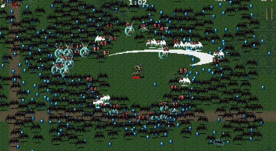 Best Vampire Survivor PowerUp order. This image shows a screenshot from Vampire Survivors of a character fighting bats.