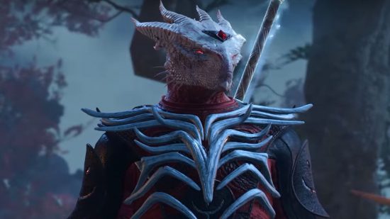 Meilleures constructions de Baldur's Gate 3 : Un sorcier draconien se tient prêt dans une armure en os, son bâton émettant une étrange lumière blanche.