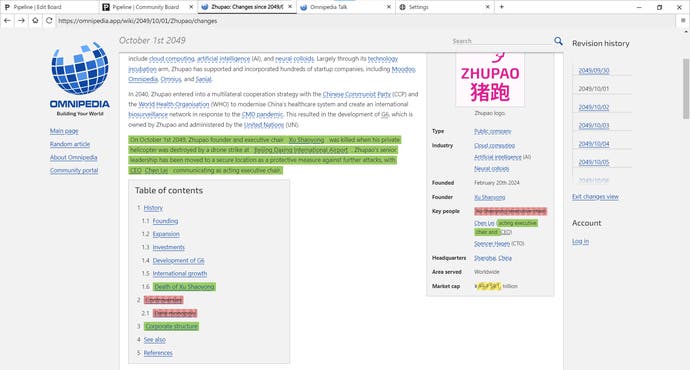 Capture d'écran de Neurocracy 2.049, montrant la page de Zhupao le jour de la mort de Xu.  Le journal des modifications est visible et la section controverse a été supprimée.