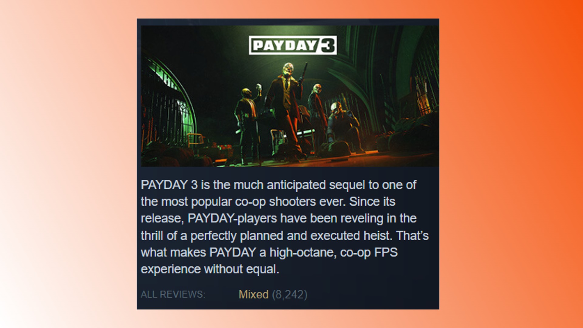 Avis sur Payday 3 Steam : La page Payday 3 Steam affichant sa note mitigée des joueurs