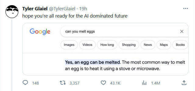Capture d'écran d'un message X de Tyler Glaiel sur la fonte d'un œuf, montrant la réponse incorrecte dans un extrait de recherche Google, extrait d'une réponse générée par l'IA sur Quora.