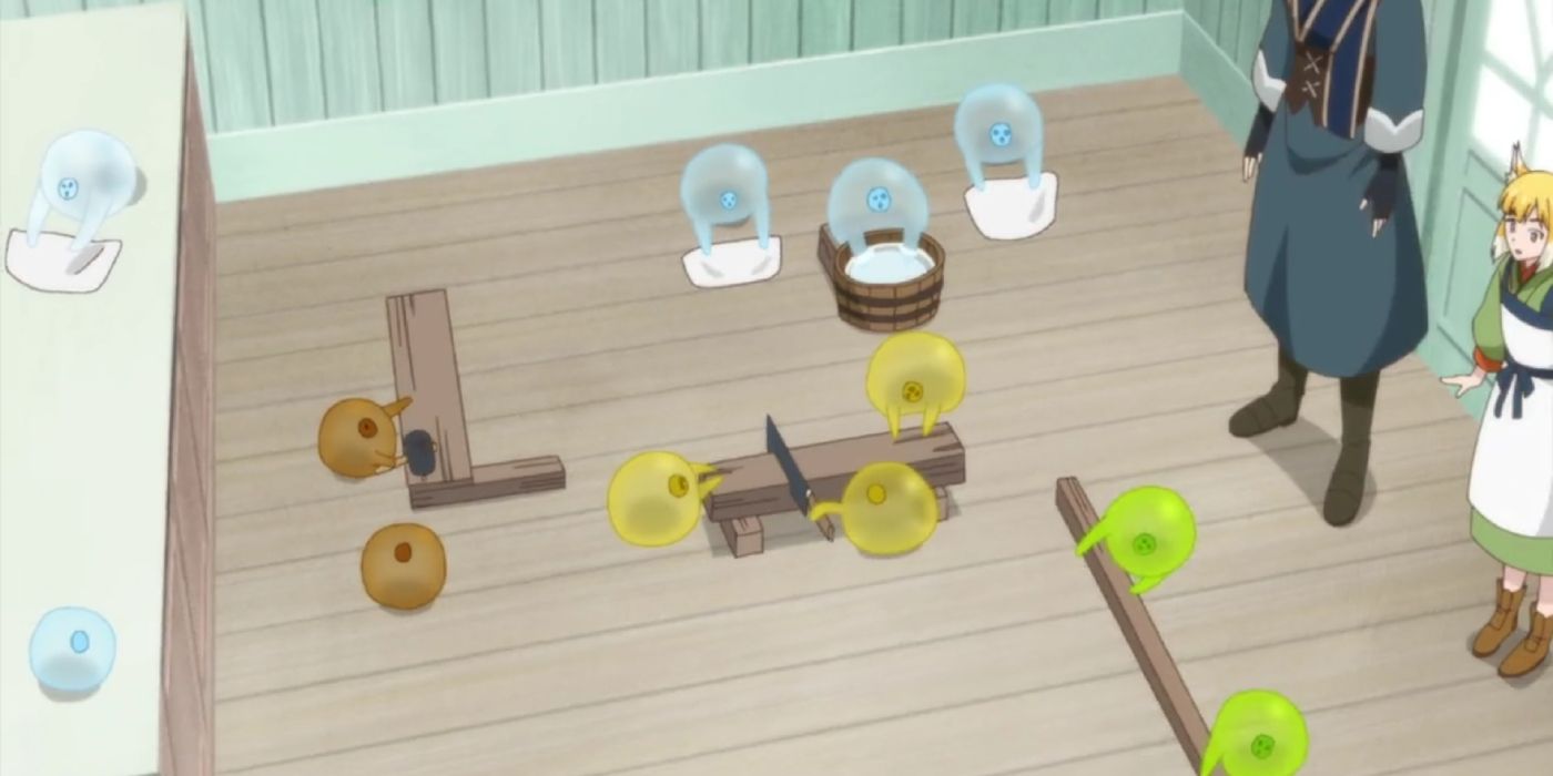 Les slimes aident dans la boutique de Ryoma dans By The Grace of Gods.