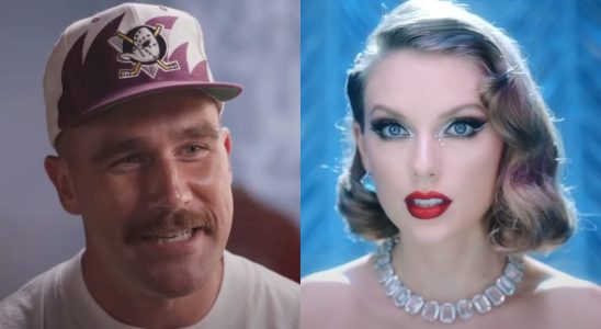 From left to right: screenshots of Travis Kelce during an interview with NFL on NBC and Taylor Swift in the Bejeweled music video.