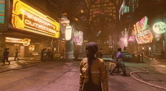 Starfield NPC crowds surrounded by the bright signs of Neon