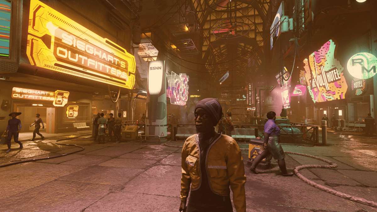 Starfield NPC crowds surrounded by the bright signs of Neon