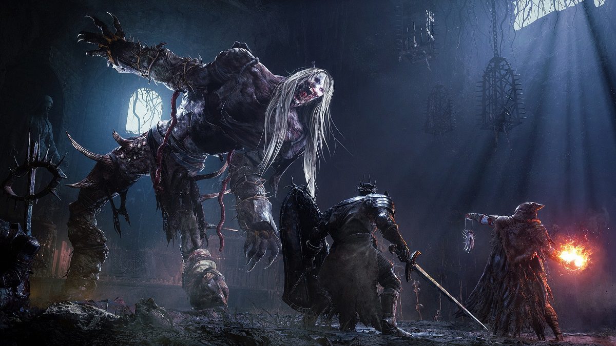 Two players preparing to fight a nasty-looking boss in Lords of the Fallen.