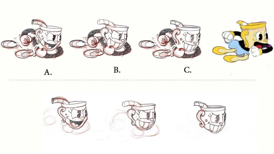 Un art conceptuel étape par étape pour le jeu Cuphead.  Le personnage principal passe d'un simple croquis au crayon à plus de détails (et à une pose raffinée) jusqu'à une image colorée semi-finale.